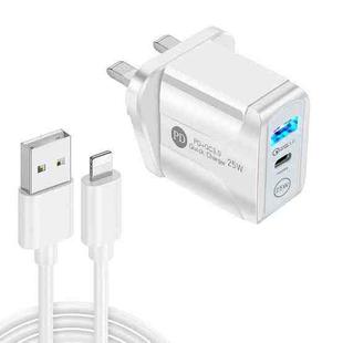 PD25W USB-C / Type-C + QC3.0 USB Dual Ports Fast Charger with USB to 8 Pin Data Cable, UK Plug(White)