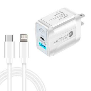 PD25W USB-C / Type-C + QC3.0 USB Dual Ports Fast Charger with USB-C to 8 Pin Data Cable, US Plug(White)