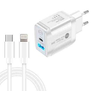 PD25W USB-C / Type-C + QC3.0 USB Dual Ports Fast Charger with USB-C to 8 Pin Data Cable, EU Plug(White)