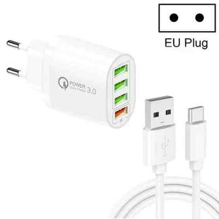 QC-04 QC3.0 + 3 x USB2.0 Multi-ports Charger with 3A USB to Type-C Data Cable, EU Plug(White)