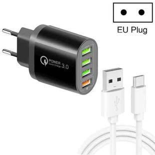 QC-04 QC3.0 + 3 x USB2.0 Multi-ports Charger with 3A USB to Type-C Data Cable, EU Plug(Black)