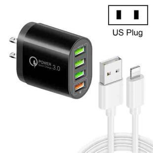 QC-04 QC3.0 + 3 x USB2.0 Multi-ports Charger with 3A USB to 8 Pin Data Cable,US Plug(Black)