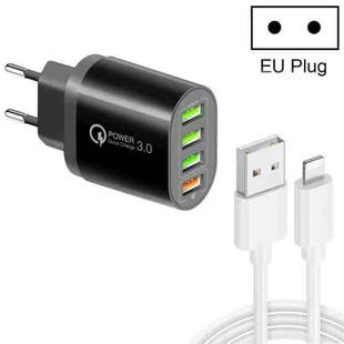 QC-04 QC3.0 + 3 x USB2.0 Multi-ports Charger with 3A USB to 8 Pin Data Cable, EU Plug(Black)