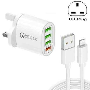 QC-04 QC3.0 + 3 x USB2.0 Multi-ports Charger with 3A USB to 8 Pin Data Cable, UK Plug(White)