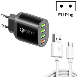 QC-04 QC3.0 + 3 x USB2.0 Multi-ports Charger with 3A USB to Micro USB Data Cable, EU Plug(Black)