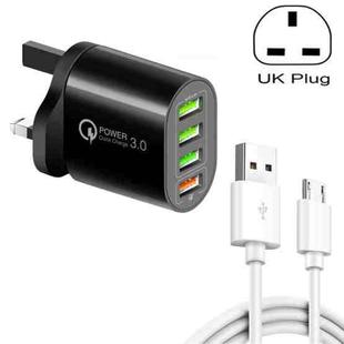 QC-04 QC3.0 + 3 x USB2.0 Multi-ports Charger with 3A USB to Micro USB Data Cable, UK Plug(Black)