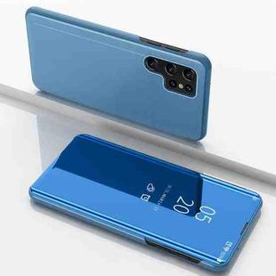 For Samsung Galaxy S22 Ultra 5G Plated Mirror Horizontal Flip Leather Case with Holder(Blue)