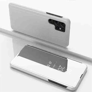 For Samsung Galaxy S22 Ultra 5G Plated Mirror Horizontal Flip Leather Case with Holder(Silver)