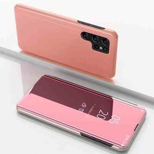 For Samsung Galaxy S22 Ultra 5G Plated Mirror Horizontal Flip Leather Case with Holder(Rose Gold)