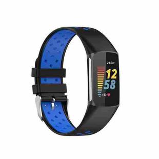 For Fitbit Charge 5 Double Color Metal Buckle Hole Silicone Watch Band(Black Blue)