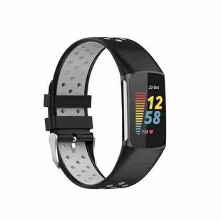 For Fitbit Charge 5 Double Color Metal Buckle Hole Silicone Watch Band(Black Gray)