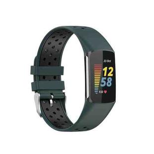 For Fitbit Charge 5 Double Color Metal Buckle Hole Silicone Watch Band(Green Black)