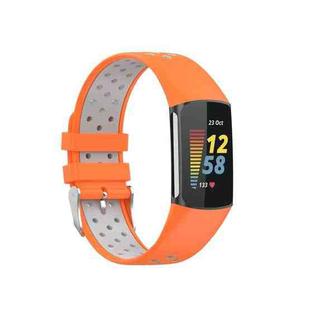 For Fitbit Charge 5 Double Color Metal Buckle Hole Silicone Watch Band(Orange Gray)
