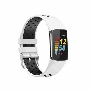 For Fitbit Charge 5 Double Color Metal Buckle Hole Silicone Watch Band(White Black)