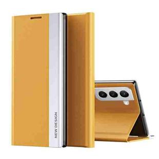 For Samsung Galaxy S22 5G Side Electroplated Magnetic Ultra-Thin Horizontal Flip Leather Case with Holder(Yellow)