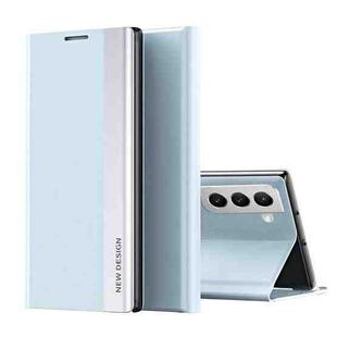 For Samsung Galaxy S22+ 5G Side Electroplated Magnetic Ultra-Thin Horizontal Flip Leather Case with Holder(Light Blue)
