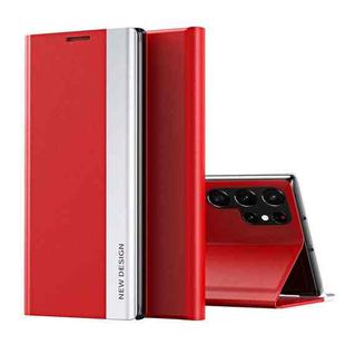 For Samsung Galaxy S22 Ultra 5G Side Electroplated Magnetic Ultra-Thin Horizontal Flip Leather Case with Holder(Red)