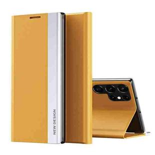 For Samsung Galaxy S22 Ultra 5G Side Electroplated Magnetic Ultra-Thin Horizontal Flip Leather Case with Holder(Yellow)