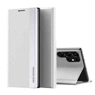 For Samsung Galaxy S22 Ultra 5G Side Electroplated Magnetic Ultra-Thin Horizontal Flip Leather Case with Holder(Silver)