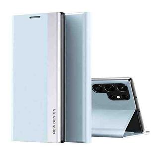 For Samsung Galaxy S22 Ultra 5G Side Electroplated Magnetic Ultra-Thin Horizontal Flip Leather Case with Holder(Light Blue)