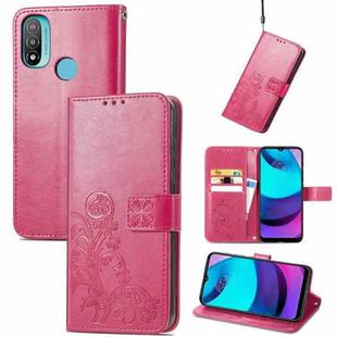 For Motorola Moto E20 Four-leaf Clasp Embossed Leather Case with Lanyard & Card Slot & Wallet & Holder(Rose Red)