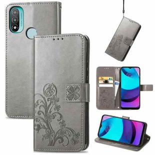 For Motorola Moto E20 Four-leaf Clasp Embossed Leather Case with Lanyard & Card Slot & Wallet & Holder(Grey)