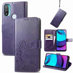 For Motorola Moto E20 Four-leaf Clasp Embossed Leather Case with Lanyard & Card Slot & Wallet & Holder(Purple)