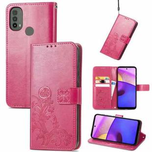 For Motorola Moto E40 Four-leaf Clasp Embossed Leather Case with Lanyard & Card Slot & Wallet & Holder(Rose Red)