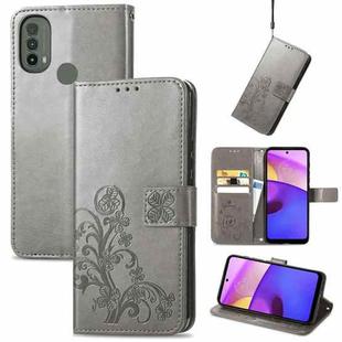 For Motorola Moto E40 Four-leaf Clasp Embossed Leather Case with Lanyard & Card Slot & Wallet & Holder(Grey)