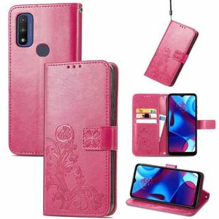 For Motorola Moto G Pure Four-leaf Clasp Embossed Leather Case with Lanyard & Card Slot & Wallet & Holder(Rose Red)