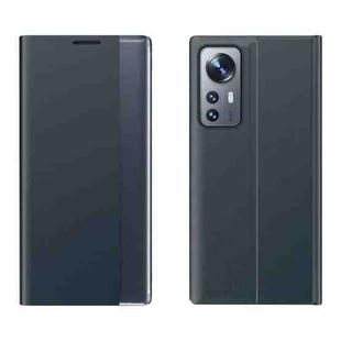 For Xiaomi 12 / 12X Side Display Magnetic Plain Texture Cloth + PC Case with Holder(Dark Blue)