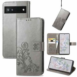 For Google Pixel 6a Four-leaf Clasp Embossed Buckle Leather Phone Case(Gray)
