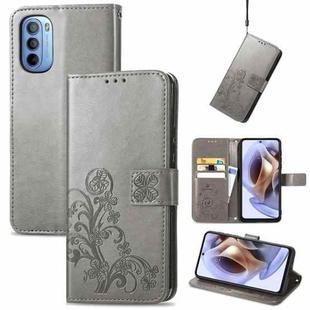 For Motorola Moto G31 Four-leaf Clasp Embossed Buckle Leather Phone Case(Gray)