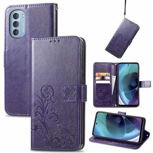 For Motorola Moto G51 5G Four-leaf Clasp Embossed Buckle Leather Phone Case(Purple)