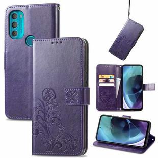 For Motorola Moto G71 5G Four-leaf Clasp Embossed Buckle Leather Phone Case(Purple)