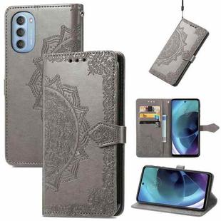 For Motorola Moto G51 Mandala Flower Embossed Flip Leather Phone Case(Grey)