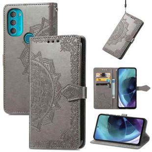 For Motorola Moto G71 5G Mandala Flower Embossed Flip Leather Phone Case(Grey)