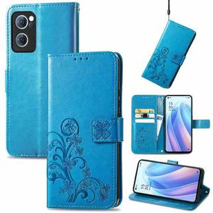 For OPPO Reno7 5G Four-leaf Clasp Embossed Buckle Leather Phone Case(Blue)