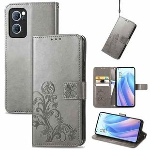 For OPPO Reno7 5G Four-leaf Clasp Embossed Buckle Leather Phone Case(Grey)