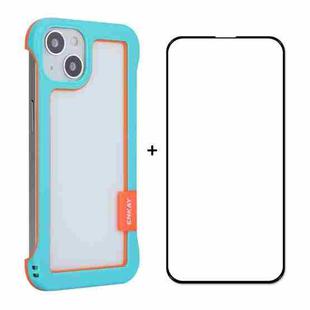 For iPhone 13 ENKAY Frameless Hollow PC Case + Glass Film(Blue)