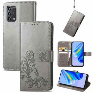 For OPPO A95 4G Four-leaf Clasp Embossed Buckle Leather Phone Case(Gray)