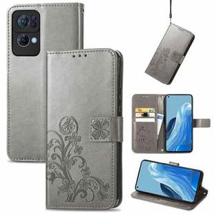 For OPPO Reno7 Pro 5G Four-leaf Clasp Embossed Buckle Leather Phone Case(Gray)