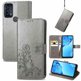 For TCL 20B Four-leaf Clasp Embossed Buckle Mobile Phone Leather Case(Gray)