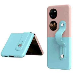 For Huawei P50 Pocket Skin Contrast Wristband Holder Folding Phone Case(Ice Blue + Pink)