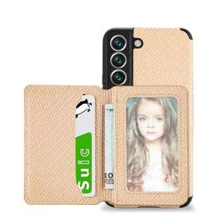 For Samsung Galaxy S22 5G Carbon Fiber Magnetic Card Holder TPU+PU Case(Khaki)