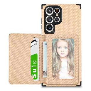 For Samsung Galaxy S22 Ultra 5G Carbon Fiber Magnetic Card Holder TPU+PU Case(Khaki)