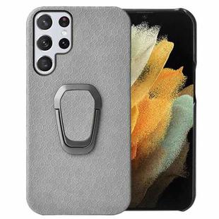 Ring Holder Honeycomb PU Phone Case For Samsung Galaxy S22 Ultra 5G(Grey)