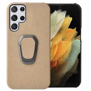 Ring Holder Honeycomb PU Phone Case For Samsung Galaxy S22 Ultra 5G(Coffee)