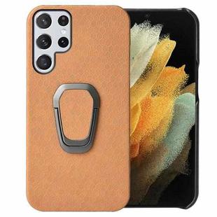 Ring Holder Honeycomb PU Phone Case For Samsung Galaxy S22 Ultra 5G(Orange)