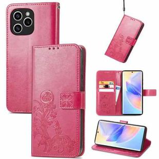 For Honor 60 SE Four-leaf Clasp Embossed Buckle Leather Phone Case(Magenta)